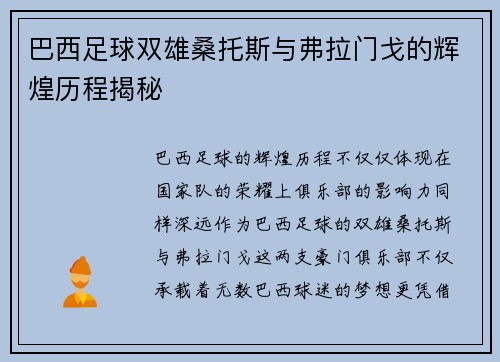 巴西足球双雄桑托斯与弗拉门戈的辉煌历程揭秘