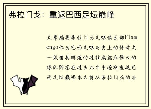 弗拉门戈：重返巴西足坛巅峰
