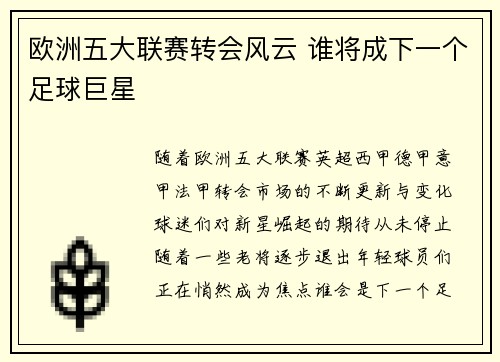 欧洲五大联赛转会风云 谁将成下一个足球巨星